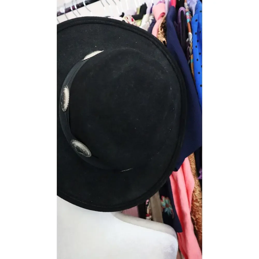 Vintage 70s Black Felt Western Hat Silver Conch Concho Band WOOL Boho Festival - Picture 3 of 6